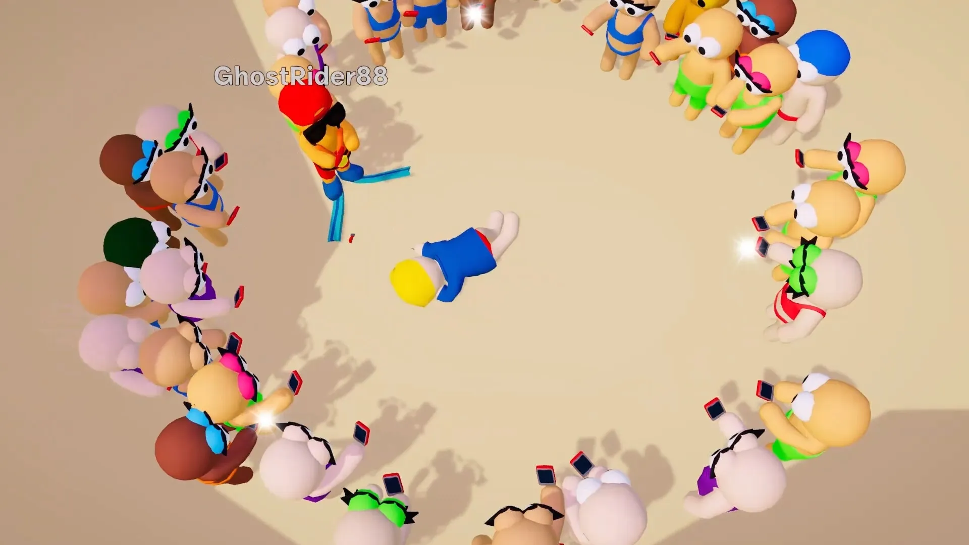 A ring of tourists filming a body on the sand with their phones