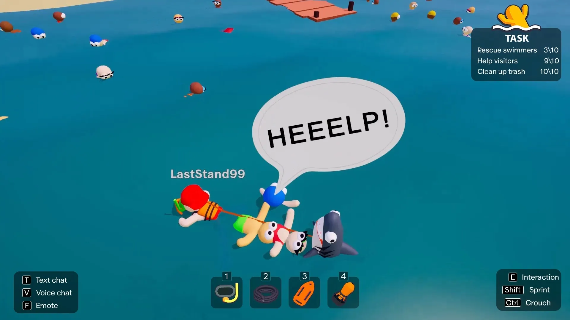A tourist shouting for help while being dragged off by a shark