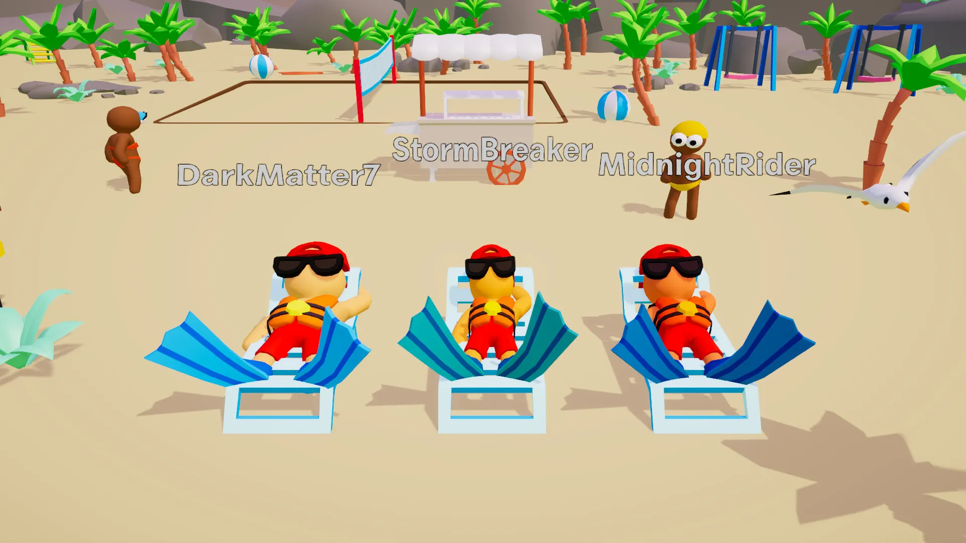 Three lifeguards in sunglasses on deckchairs