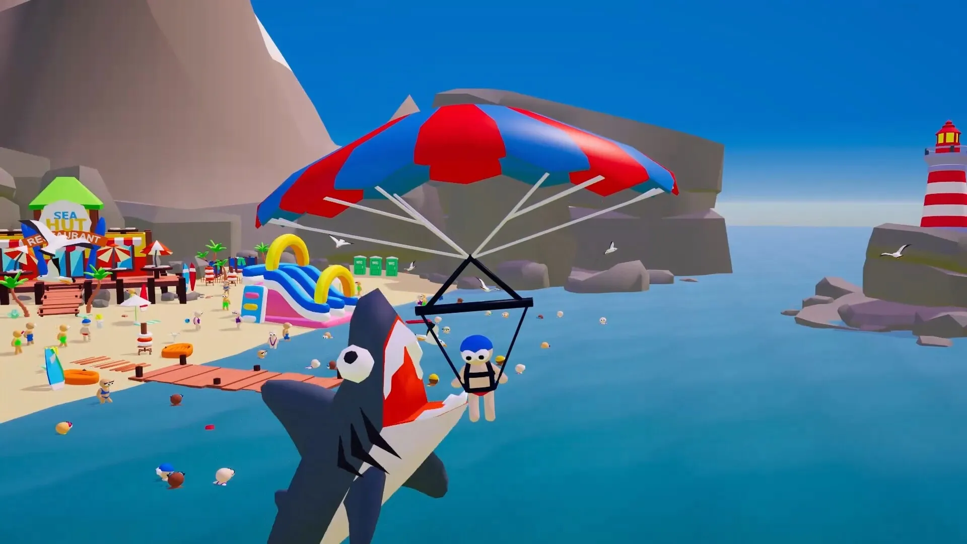 A shark leaping at a parasailer above the bay