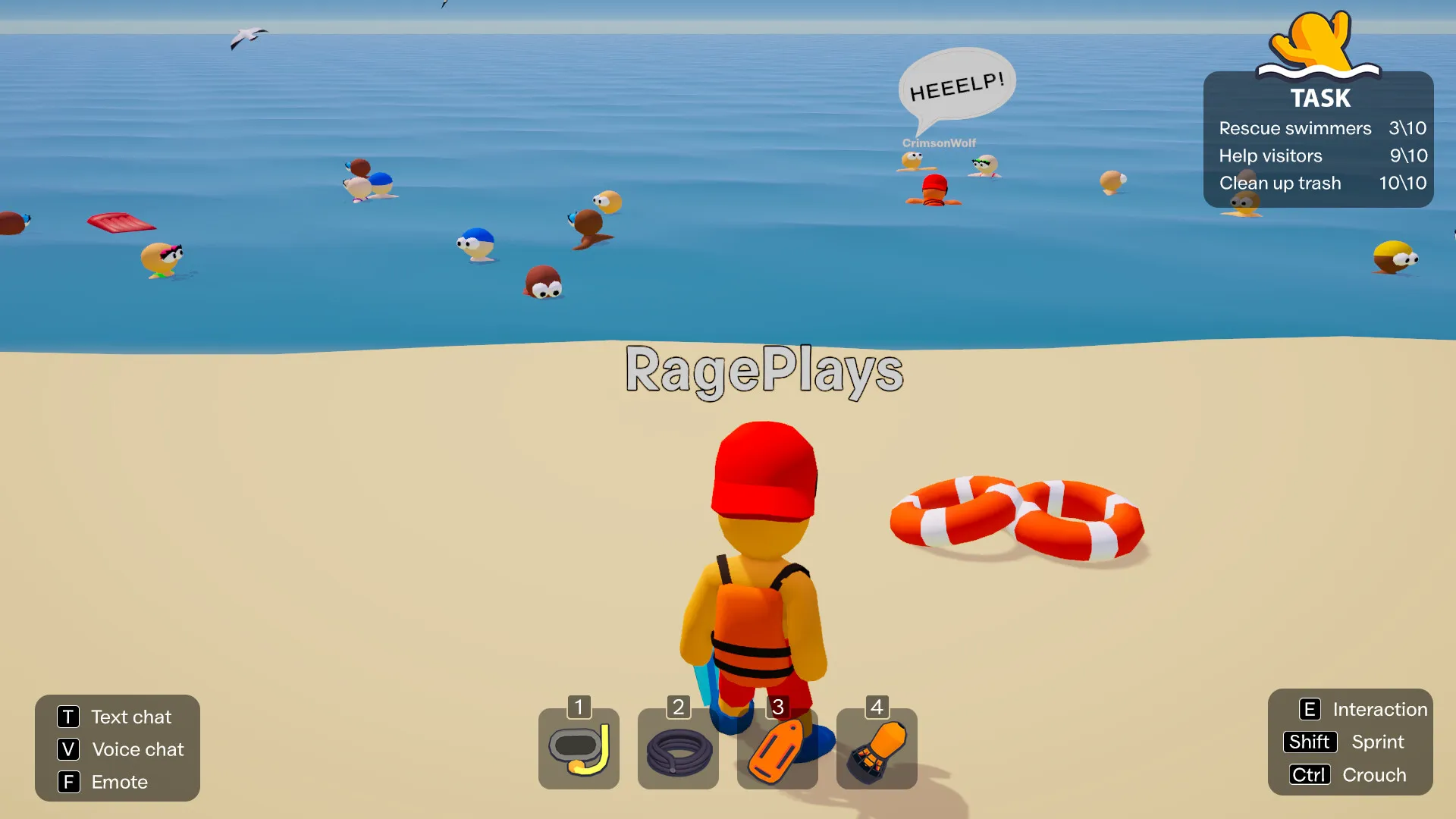 A lifeguard on the shore while swimmers call for help